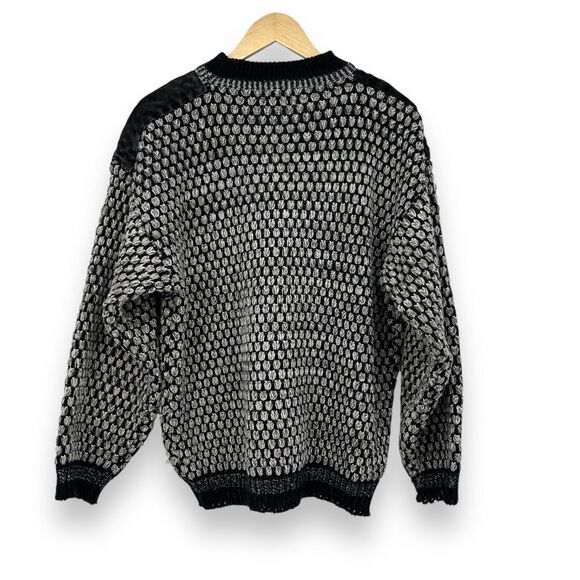 Vintage Chia Sweater 80s 90s Leather Shoulder Patches Men's L Black - Picture 2 of 9